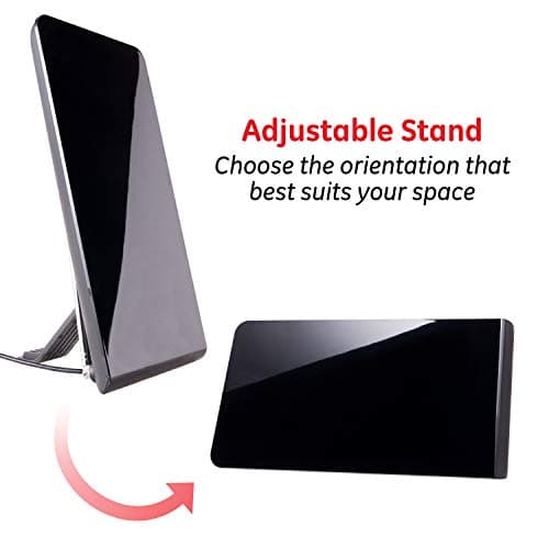 GE Flat Panel Indoor HD Digital TV Antenna, Long Range Smart TV Antenna, Supports 4K 1080P HD Smart TV VHF UHF, Extendable Dipole Rabbit Ears, Adjustable Stand, 5ft Coax HDTV Cable, 33681