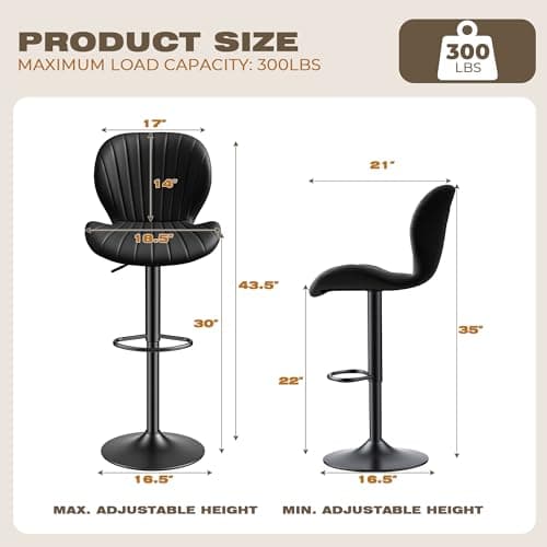 GRUSIGN Bar Stools Set of 2, Modern Swivel Adjustable Bar Chairs, Faux Leather Upholstered Counter Height Bar Stools with Backrest, Comfort Barstools for Kitchen Island, Home Bar, Black