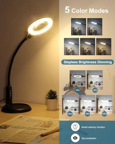 12X Magnifying Glass with Light and Stand, Real Glass, LED 5 Color Modes, Brightness Stepless Dimming Lighted Magnifier Hands Free with Flexible Gooseneck Desk Clamp Lamp for Close Work, Craft, Hobby B0DC3KH6XY