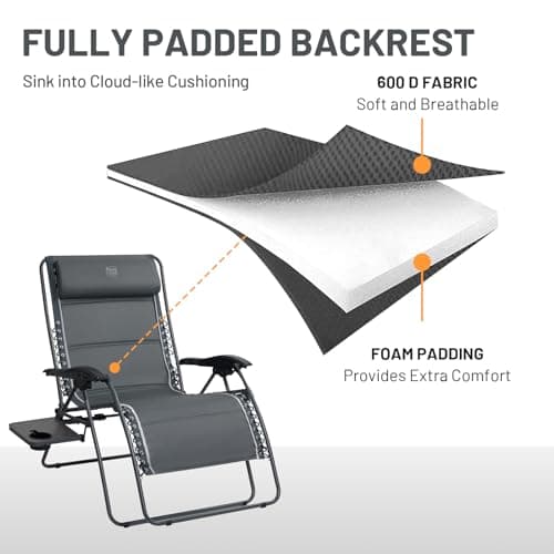 Timber Ridge Oversized Zero Gravity Chair, 33In Wide XXL Zero Gravity Reclining Chair with Side Table, Full Padded Lounge Chair for Outdoor Camping Patio Lawn, Heavy Duty Supports 500lbs, Grey-1 Pack