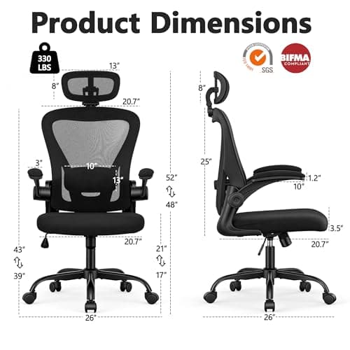 Office Chair, Ergonomic Office Chair with Headrest, Comfy Home Office Desk Chairs with Lumbar Support & Flip-up Armrests, 330LBS High Back Mesh Computer Desk Chair for Home Office, Black