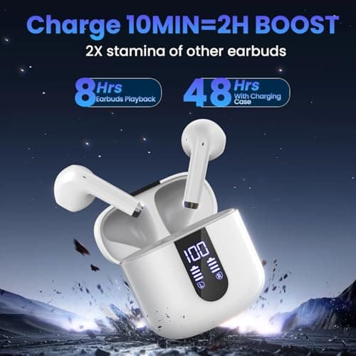 Haqquio Wireless Earbuds, Bluetooth Headphones with Deep Bass Stereo, 48H Playback Ear Buds with LED Power Display, Lightweight, IPX7, in-Ear Earphones with Mic for iPhone/Android/iPad, White