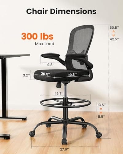 ErGear Drafting Chair, Standing Desk Chair with Flip-Up Armrests, High Desk Chair Adjustable Height, Ergonomic Tall Office Chair with Lumbar Support and Adjustable Footrest Ring