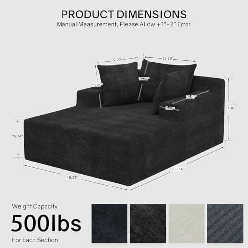 66" Chaise Lounge Chair Indoor, Oversized Boneless Lounge Chair with 3 Pillows, Chenille Cloud Reading Chair for Living Room Bedroom, Deep Seat Sleeper Couch, No Assembly Required