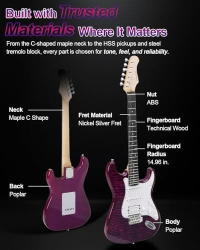 UST-200 Beginner Electric Guitar Kit HSS Pickup, Versatile 5-Way Switch for Clean to High-Gain Tone, Full-Size ST Style Guitar for Starter & Intermediate Players, Gig Bag, Digital Tuner Purple
