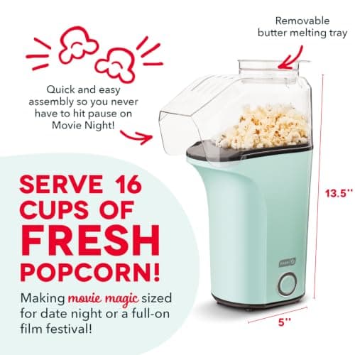 DASH Hot Air Popcorn Popper Maker with Measuring Cup to Portion Popping Corn Kernels + Melt Butter, 16 Cups - Aqua
