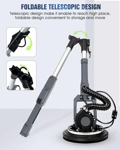 MYTOL Drywall Sander, 7.2A Electric Drywall Sander with Vacuum Dust Collection, LED Light, 6 Variable Speed Digital Display 900-1800RPM, Foldable & Extendable Handle (GREY)