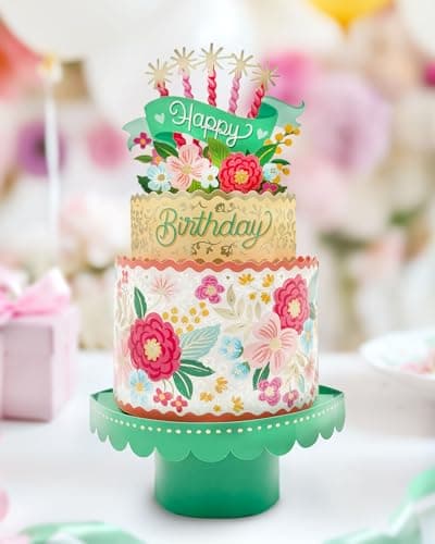 Freshcut Paper Pop Up Birthday Card for Women, Blooming Birthday Cake, 12 Inch Life Sized Tiered Cake, 3D Popup Greeting Cards with Blank Notecard & Envelope