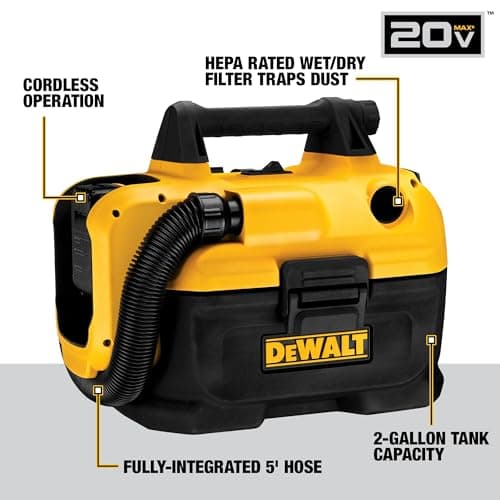 DEWALT 20V MAX Cordless Shop Vac, Wet Dry Vacuum Cleaner, Portable 2 Gallon Wet Dry Vac, Strong Suction Shop Vacuum with Hepa Filter, Tool Only (DCV580H)