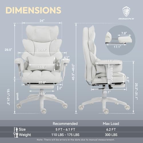 Dowinx Big and Tall Office Chair with Pocket Spring Cushion,High Back Computer Gaming Chairs with Adjustable Armrests and Lumbar Support,Executive Desk Chairs with Footrest(PU,White)