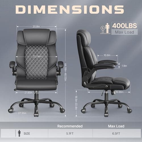 Office Chair-Executive High Back Breathable Big and Tall Office Chair Flip-up Armrests Lumbar Support-Ergonomic Leather Rolling Swivel Chair with Rock Function for Working Studying Gaming,Black
