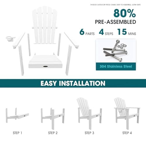 THOEOE Stackable Adirondack Chair Set of 4, HDPE All-Weather Adirondack Chairs - Durable and Space Saving, Plastic Outdoor Fire Pit Chairs with Cup Holder,White