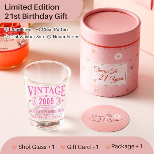21st Birthday Gifts for Her - Limited Edition Shot Glass - Vintage 2004 Cheers To 21 Years, Finally 21 Party Decorations Supplies - Turning 21 Bday Present for Girl Women Sister Daughter Friends