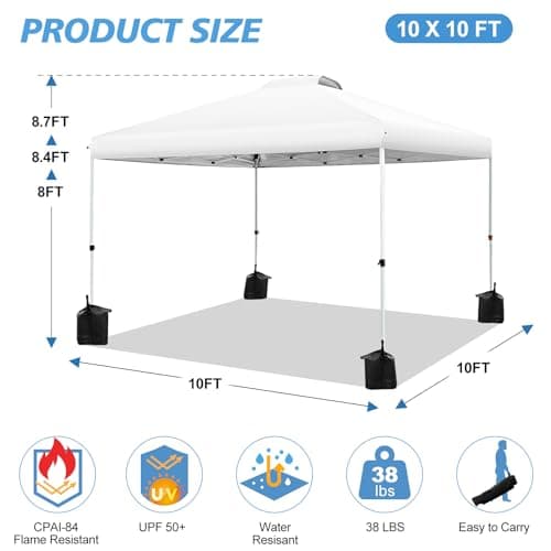 WEIZE Pop up Canopy Tent 10x10ft, 1-Button Push Setup, Instant Portable Shelter, Adjustable Height, Portable Roller Bag, 4 Weight Bags, Guy Ropes & Stakes Included, White
