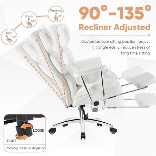 Sweetcrispy Executive Home Office Desk Chair - Ergonomic Big Tall High Back with Footrest & Lumbar Support, Reclining Height Adjustable, Comfy PU Leather Computer Gaming with Swivel Wheels, White