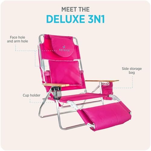 Ostrich the Deluxe 3N1 Lightweight Lawn Beach Reclining Lounge Chair with Footrest, Outdoor Furniture for Patio, Balcony, Backyard, or Porch, Pink