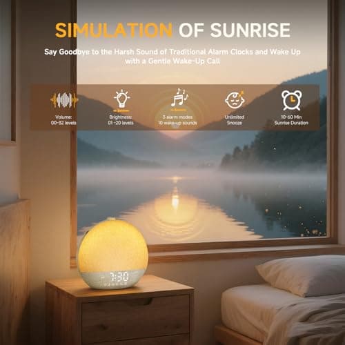 Geuuap Sunrise Alarm Clock White Noise Sound Machine for Bedroom | Natural Wake-Up Light with 30 Soothing Sleep Aids, Bluetooth Speaker, Dimmable Clock, Screen-Free Design for Baby Adults Kids-Khaki