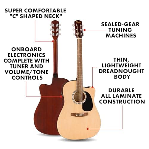 Fender FA-25CE Dreadnought Acoustic Electric Guitar, Beginner Guitar, with 2-Year Warranty, Includes Built-in Tuner and On-Board Volume and Tone Controls, Comes with Free Lessons, Natural