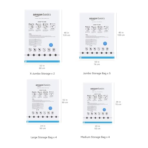 Amazon Basics Vacuum Compression Space Saving Storage Bags with Hand Pump for Clothes Packing, Pack of 15, Multiple Sizes, White