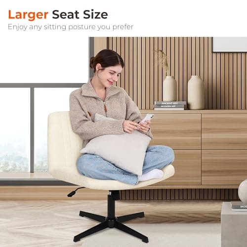 NEO CHAIR Criss Cross Chair No Wheels Armless Cross Legged Office Desk Wide Comfy Vanity Makeup Chair Adjustable Computer Task for Home Office Fabric (Beige)