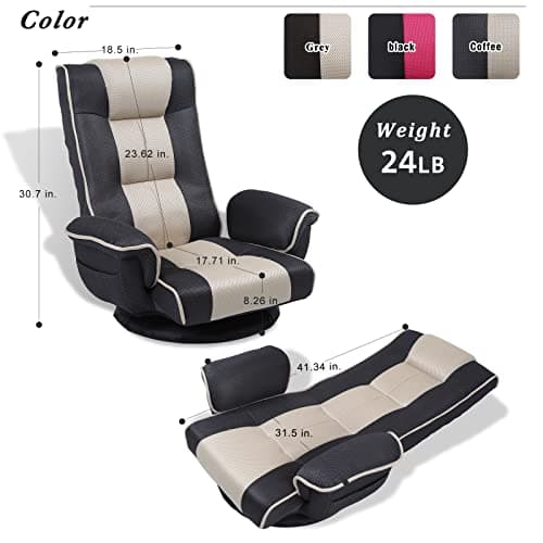 360 Swivel Gaming Floor Chair with Armrest Multi-Angle Folding Floor Chair Padded Backrest Lazy Sofa Lounge Chair for Living Room, Home Office QL201W-US-GR