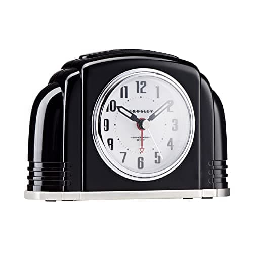 Crosley Vintage Art Deco Analog Alarm Clock, Quiet Ticking, Automatic Dimmable Smart Light, Simple Controls, (Black)
