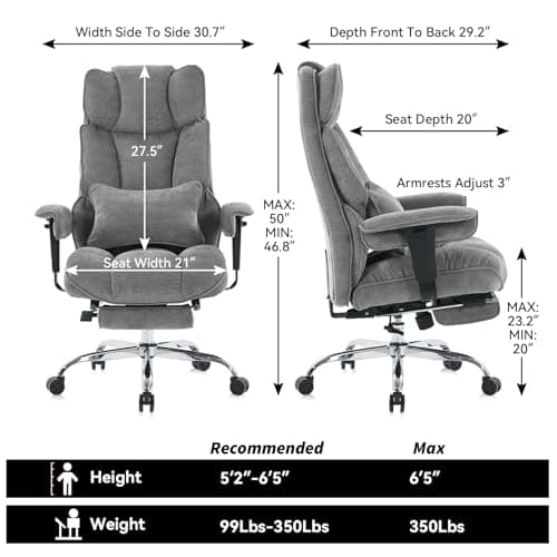 Efomao Executive Office Chair, Soft-Cushioned Computer Chair with Foot Rest, Fabric Home Office Desk Chairs, Big and Tall Office Chairs, Grey
