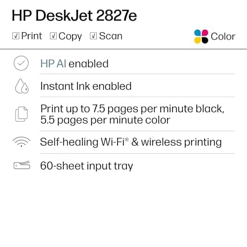 HP DeskJet 2827e Wireless All-in-One Color Inkjet Printer, Scanner, Copier, Best-for-Home, 3 Month Instant Ink Trial Included, AI-Enabled (6W7F5A)
