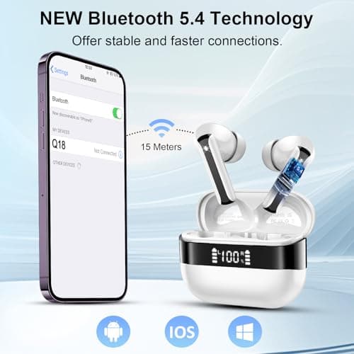 Wireless Earbuds, Bluetooth 5.4 Headphones HiFi Stereo, Bluetooth Earbuds with 4 ENC Mics, 48H Playtime Ear buds with LED Display Charging Case, IP7 Waterproof In Ear Earphones for Android iOS White