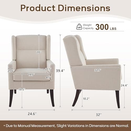 Zihanhome High Back Living Room Chairs, Fabric Accent Chair, Comfy Upholstered Armchair with Wooden Legs for Living Room, Bedroom, Apartment (1, Beige)