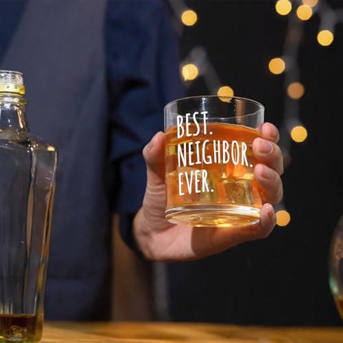 Futtumy Best Neighbor Ever Whiskey Glass, Farewell Gifts for Neighbors, Moving Away Housewarming Goodbye Welcome Appreciation New Neighborhood Novelty Christmas Gift, 10 Oz Old Fashioned Glass