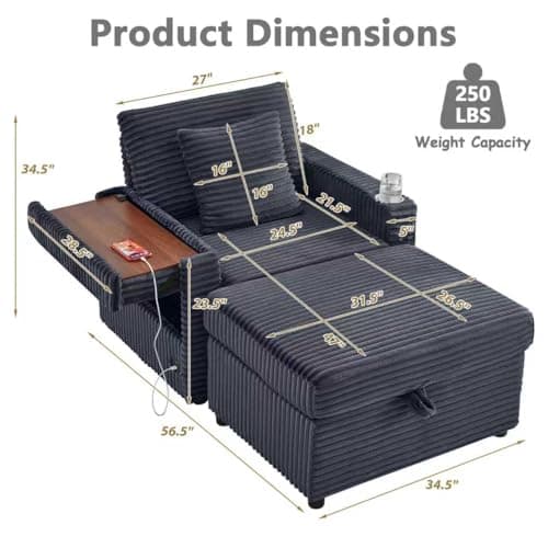 Chaise Lounge Chair Indoor with Ottoman, Corduroy Sofa Bed with Table Board, USB Ports, Cup Holder & Pillow, Boneless Chaise Lounge for Storage Space Living Room Bedroom Apartment (Grey)