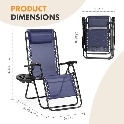 Zero Gravity Chair Set of 2, Adjustable Folding Reclining Lounge Chairs with Mesh Back, Adjustable Pillows & Cup Holder Trays, Outdoor Patio Lawn Chairs for Pool, Beach & Camping, Blue