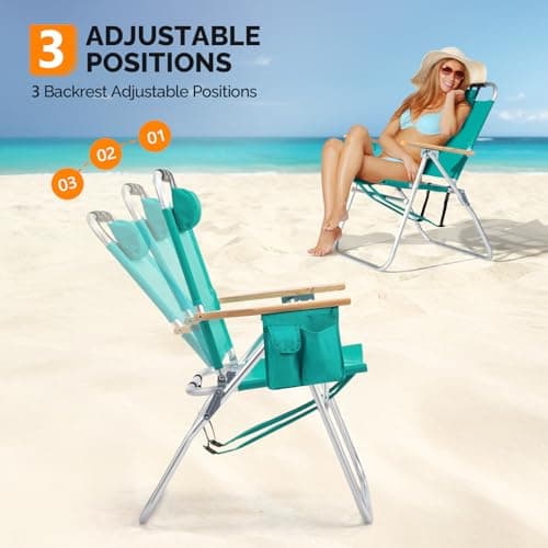 VINGLI 17" Tall Beach Chair, Aluminum Backpack Beach Chairs for Adults, Portable with Adjustable Straps, 3-Position Reclining, Cup Holder, High Lightweight Beach Chairs for Beach,Green
