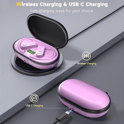 Bluetooth Headphones Noise Canceling 4 Mics Clear Call Stereo Bass Sound 60H Playtime Wireless Charging Case Over Ear Earphones LED Digital Display Headset with Earhooks for Sports Running Workout Gym