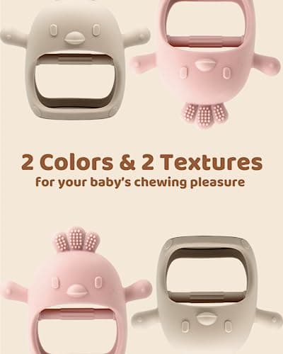 2 Pack Baby Teething Toy Silicone Teething Mitten for Babies Over 3 Months Anti Dropping Wrist Hand Teethers Baby Chew Toys for Sucking Needs, BPA Free (Pink & Caramel)