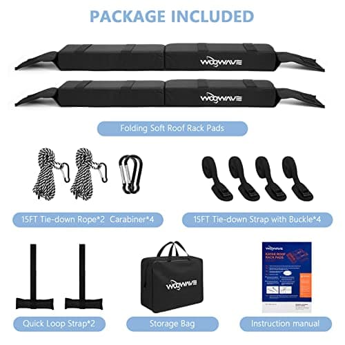 WOOWAVE Folding Kayak Soft Roof Rack Pads Universal Kayak Carrier Car Rack with 4 Tie Down Straps, 2 Tie Down Rope, 4 Carabiner, 2 Quick Loop Strap and Storage Bag for Canoe/Surfboard/Paddleboard/SUP