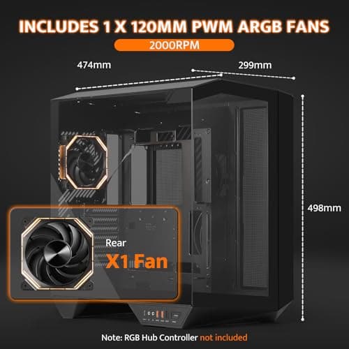 darkFlash Full-Tower ATX Gaming PC Case, Vertical GPU Mounting, Back Plug-in Motherboard, Dual-Chamber, Panoramic Glass, Up to 2 x 360mm Radiators, RTX 40 Compatible(DY470) (1 PWM ARGB Fans, Black)