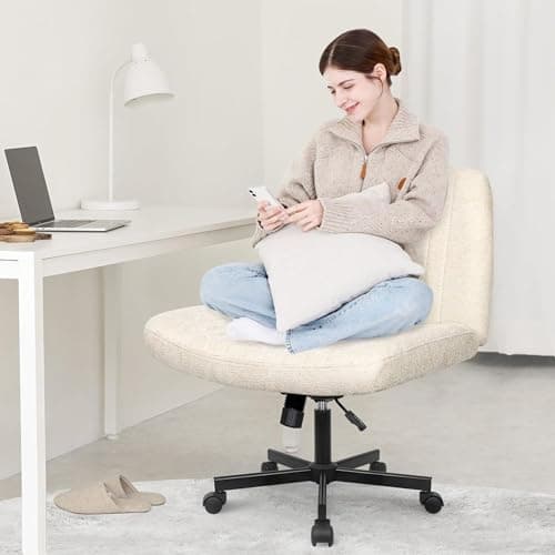 Orange Factory Criss Cross Chair Wheels Wide Cross Legged Office Desk Vanity Chair Comfy Fabric Armless Adjustable Swivel for Home Computer Task (Beige Wheel, Fabric)