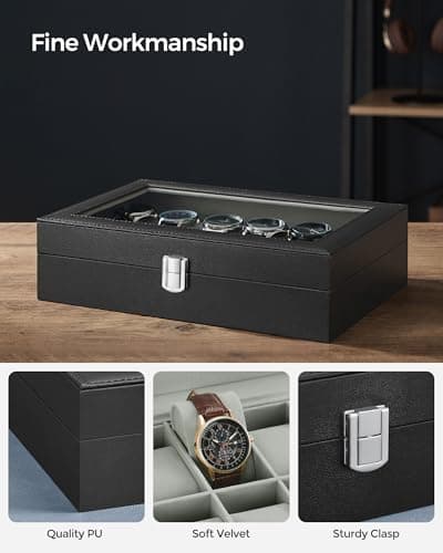 SONGMICS SONGMICS Watch Box, 12-Slot Watch Case Organizer with Large Glass Lid, Removable Pillows, Gift for Loved Ones, Black Synthetic Leather, Gray Lining UJWB12BK