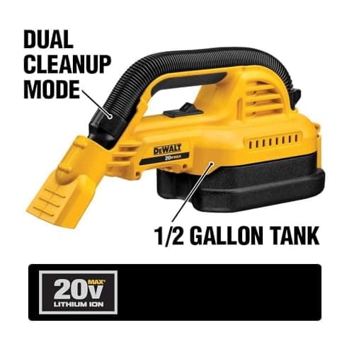 DEWALT 20V MAX Hand Vacuum, Cordless, for Wet or Dry Surfaces, 1/2-Gallon Tank, Washable Filter, Portable, Bare Tool Only (DCV517B)