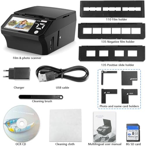 Film & Photo Scanner with 5" LCD Screen, Converts Photo, 135/110 Film Negatives & Slides, Business Card to 22MP Digital Photos, 8GB SD Card Included