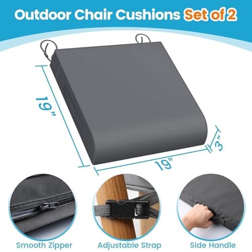 TasticTotes 19 x 19 x 3 Inch Patio Chair Cushions - Set of 2, Waterproof Outdoor Seat Cushions with Adjustable Straps and Handles, Fade-Resistant Chair Pads for Outdoor Furniture, Garden, Beach, Grey