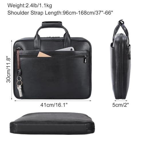 Masa Kawa Leather Slim Briefcase for Men 16” Laptop Shoulder Messenger Computer Bag Business Travel Work Attache Case