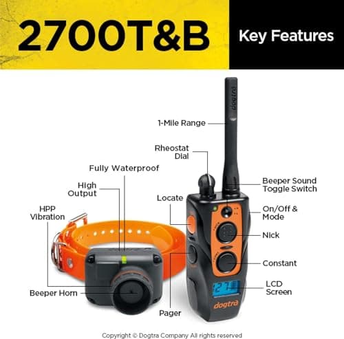 Dogtra 2700T&B Long Range 1-Mile 1-Dog Training & Beeper Remote Dog Training E-Collar for Upland Gun Dog