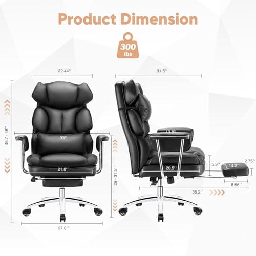 Sweetcrispy Executive Home Office Desk Chair - Ergonomic Big Tall High Back with Footrest & Lumbar Support, Reclining Height Adjustable, Comfy PU Leather Computer Gaming with Swivel Wheels, Black