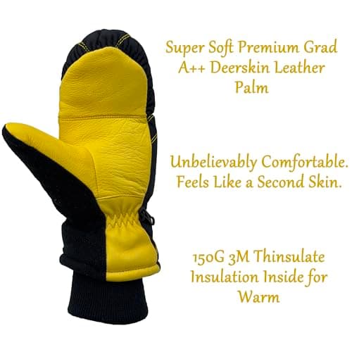 SKYDEER Warm Ski Mittens with Soft Premium Deerskin Leather and 150G 3M Thinsulate Insulation (SD8753M, Unisex)