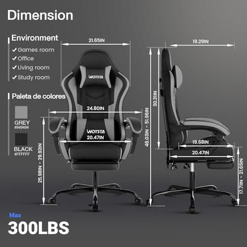 Gaming Chair with Footrest, Ergonomic Gaming Chair, Computer Chair with Lumbar Support, Headrest, Height Adjustable PC Chairs with 360° Swivel Seat for Office or Gaming BlackGrey