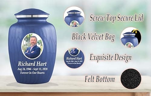 Personalized Photo Cremation Urns for Human Ashes Male Female - 200lbs Custom Photo Burial Urns for Human Ashes - Engraved Handcrafted Funeral Decorative Urns for Adult with Velvet Bag, Blue Enamel B0GLQXZC36