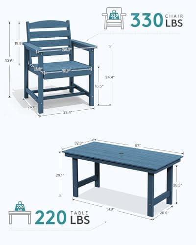 SERWALL 7-Piece Patio Dining Table Sets, Outdoor HDPE Dining Furniture Set with Umbrella Hole Cut-Out Table and 6 Chairs, Blue